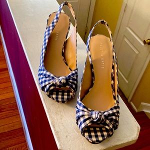 Kelly & Katie sandals with 3” heel navy blue & white checkered open toe size 10
